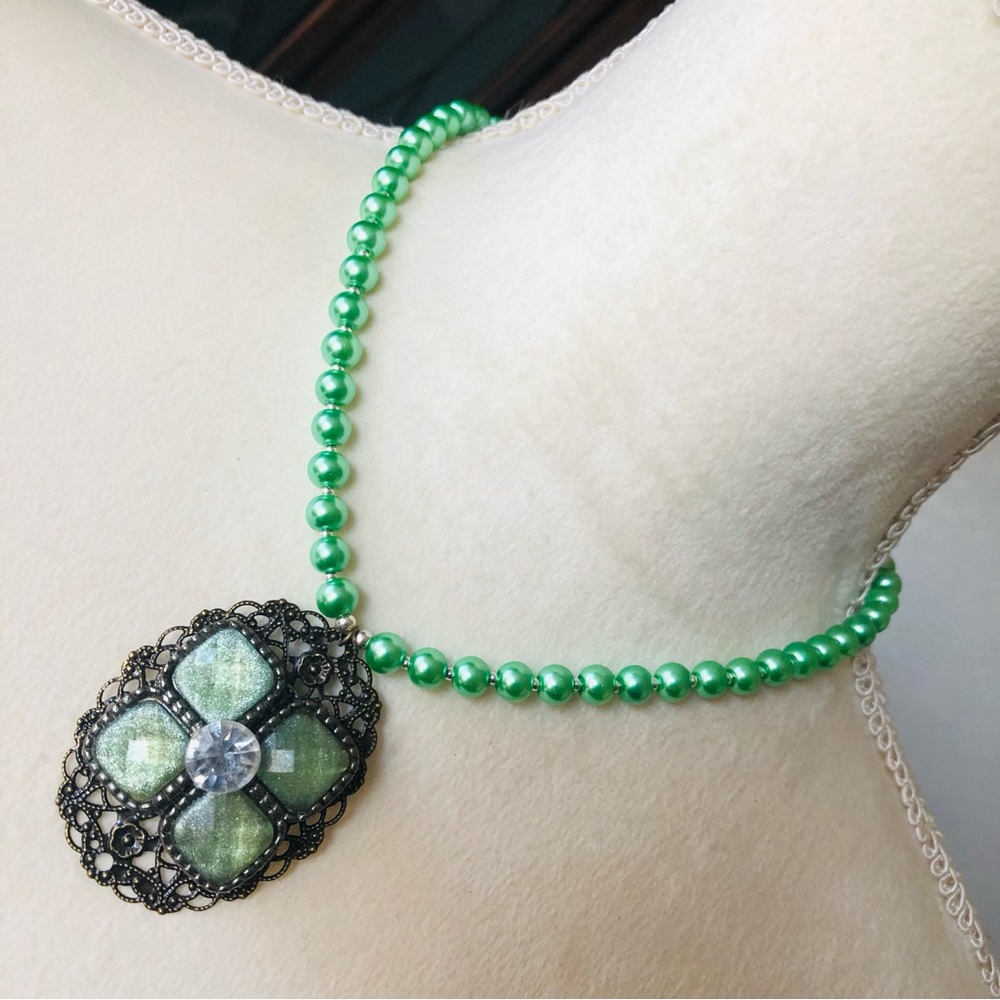 Handcrafted repurpose speckle green glass pendant Czech glass Pearl necklace